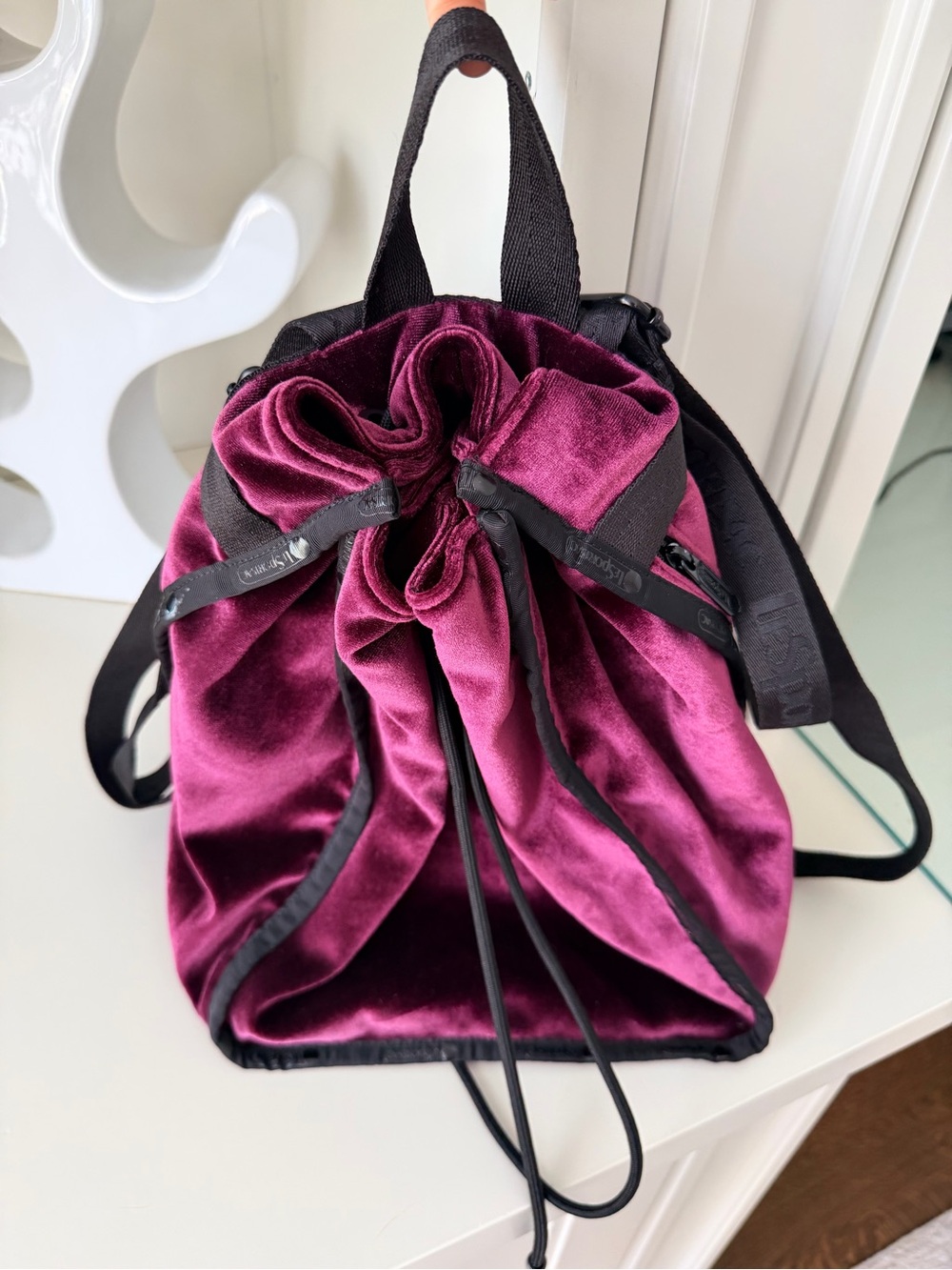 LESPORTSAC Nadine Small Purple Black Velvet Drawstring Backpack Bag Women’s NEW